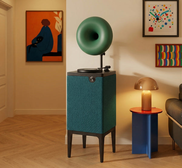 Retro-Futuristic Vinyl Record Player Cabinet with Torus Horn Speaker - Artistic Mid-Century Modern Turntable Console