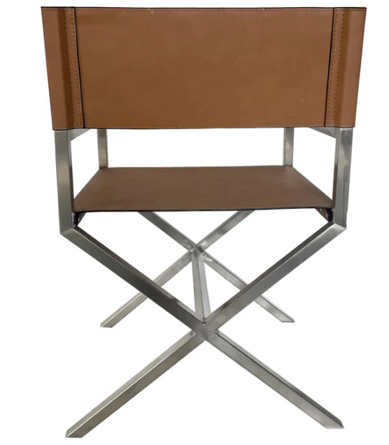 Modern Coastal Director's Dining Arm Chair - Cognac Synthetic Leather & Brushed Stainless Steel Frame