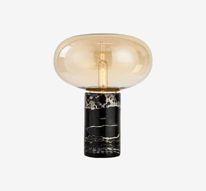 Modern Black Marble & Amber Bubble Glass Table Lamp - Compact Accent Light for Compact Living and Compressed Bed Spaces