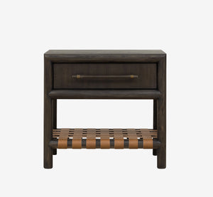 Modern Dark Wood Nightstand with Woven Leather Shelf