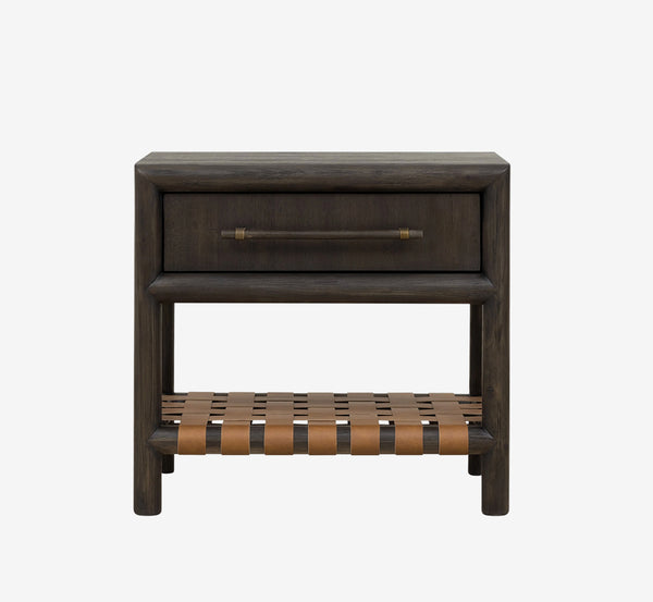 Modern Dark Wood Nightstand with Woven Leather Shelf