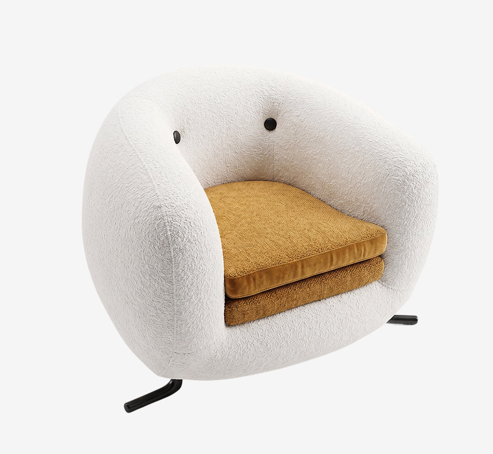 Modern White Bouclé Accent Chair with Mustard Cushion – Sculptural Egg Lounge Chair – Mid-Century Modern Swivel Armchair