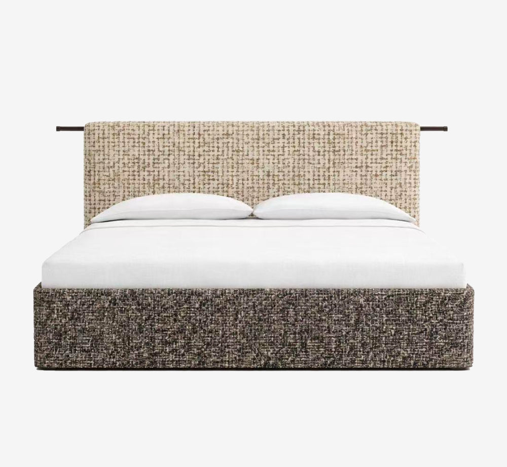 Modern Upholstered Platform Bed with Textured Fabric Headboard and Metal Rod Accent