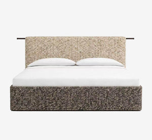 Modern Upholstered Platform Bed with Textured Fabric Headboard and Metal Rod Accent
