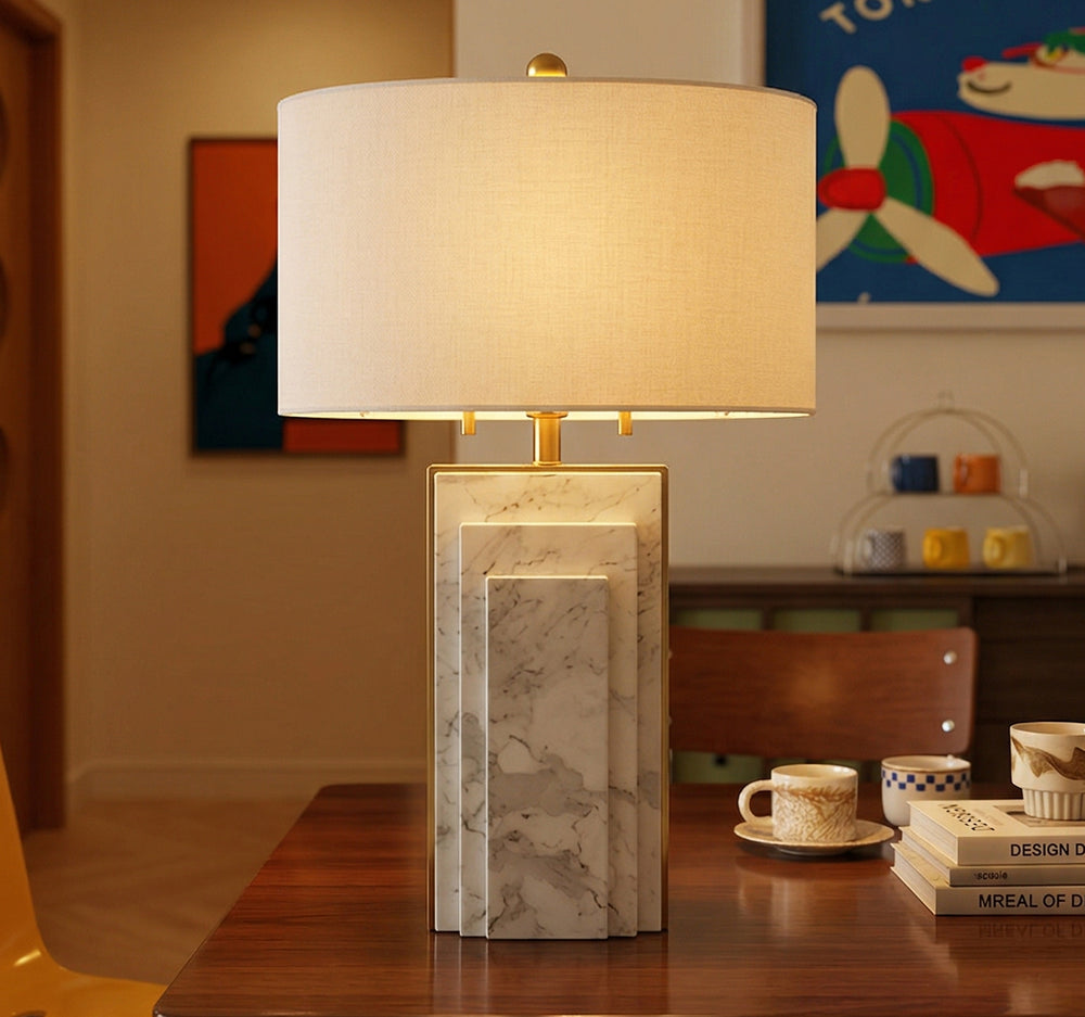 Art Deco Inspired Marble Pillar Table Lamp – Luxury Geometric Lighting for Living Room & Bedroom