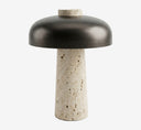 Modern Travertine Mushroom Table Lamp with Brushed Metal Dome Shade - Natural Stone Bedside Light