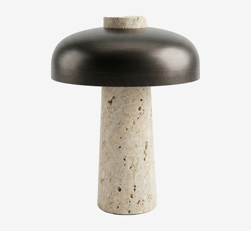 Modern Travertine Mushroom Table Lamp with Brushed Metal Dome Shade - Natural Stone Bedside Light
