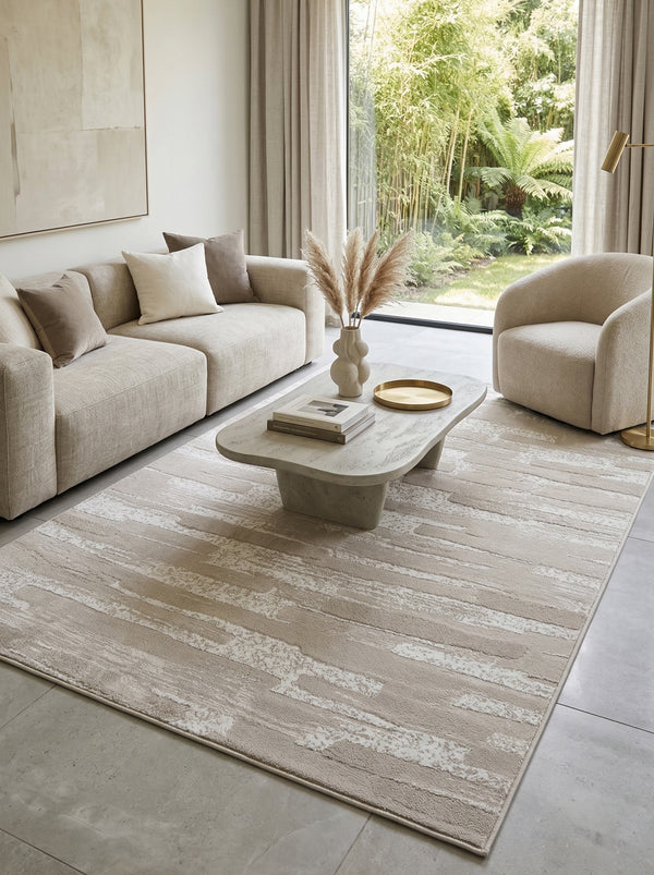 Modern Abstract Neutral Area Rug - Soft Beige & Cream Textured Brushstroke Pattern for Living Room & Bedroom