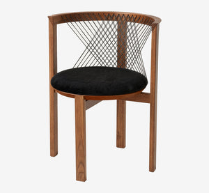 Modern Solid Wood Dining Chair with Woven Cord Backrest - Sculptural Round Velvet Cushion Accent Chair - Mid-Century Timber Desk Chair for Living Room