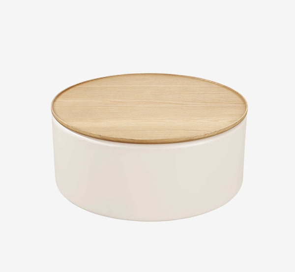 Modern Round Storage Coffee Table with Removable Wood Lid - Minimalist Cream Side Table for Living Room & Bedroom