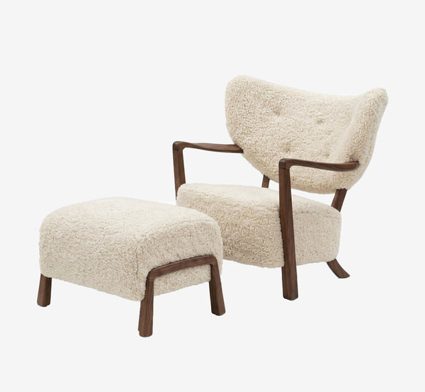 Scandinavian Upholstered Shearling Lounge Chair with Matching Ottoman