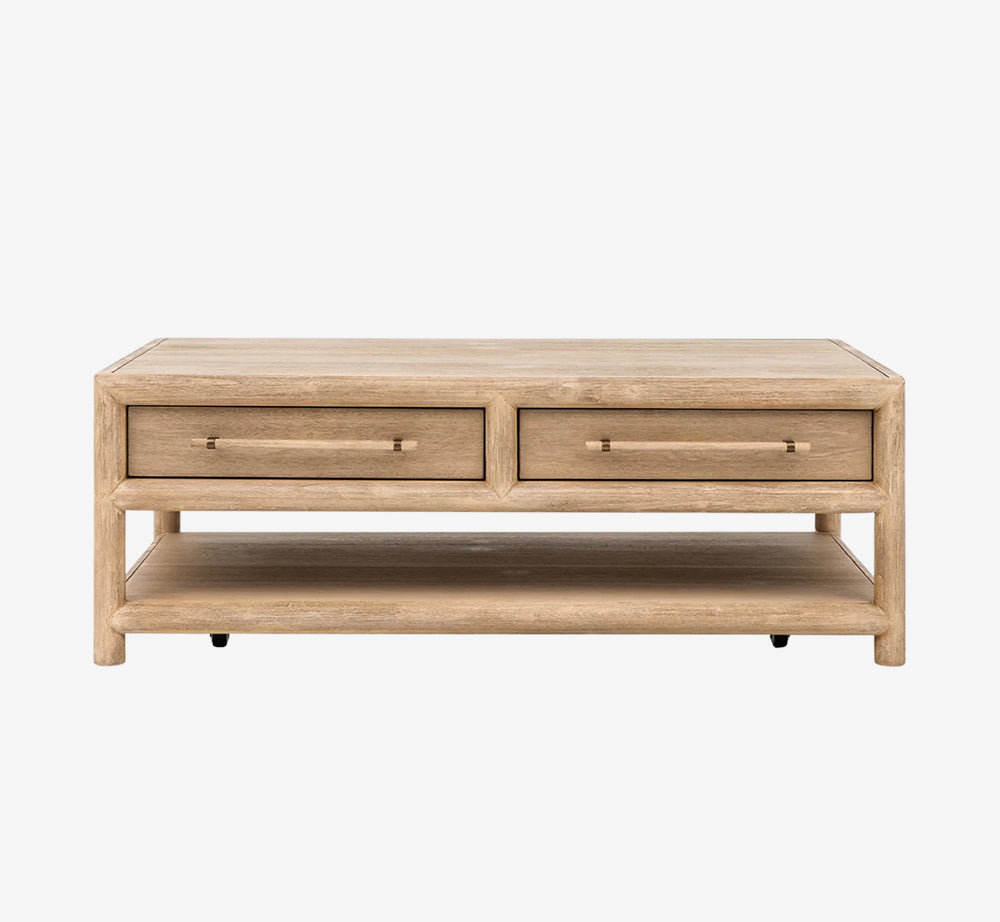 Modern Rustic Solid Wood Coffee Table with 2 Drawers and Open Shelf