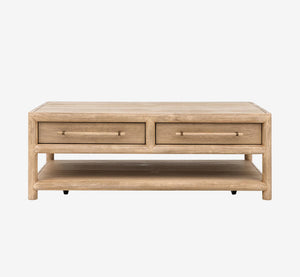 Modern Rustic Solid Wood Coffee Table with 2 Drawers and Open Shelf