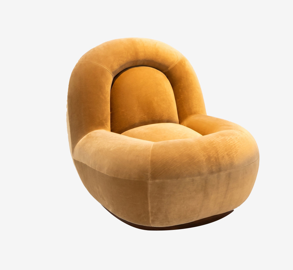 Orb Sculptural Rounded Velvet Lounge Chair - Modern Organic Swivel Armchair in Tobacco Ochre