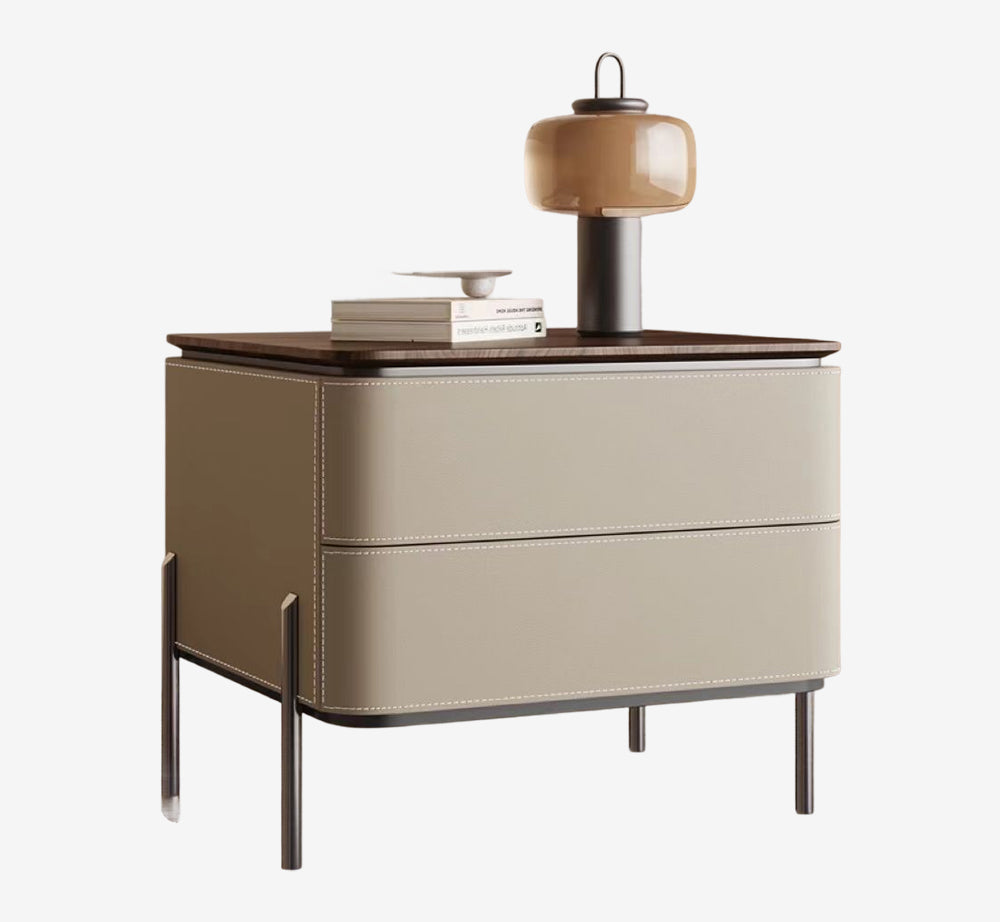 Modern Luxury Leather-Wrapped Nightstand  – 2-Drawer Contemporary Bedside Table