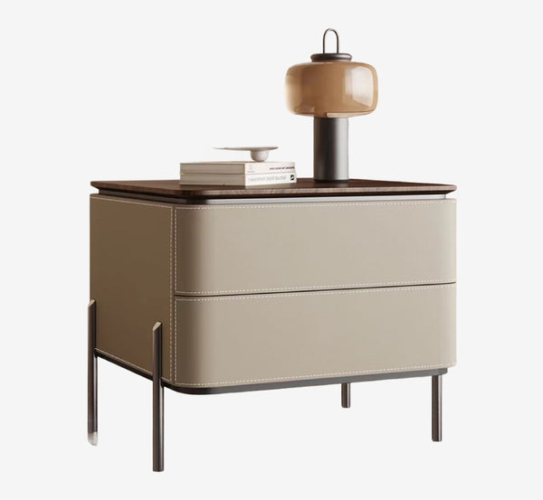 Modern Luxury Leather-Wrapped Nightstand  – 2-Drawer Contemporary Bedside Table