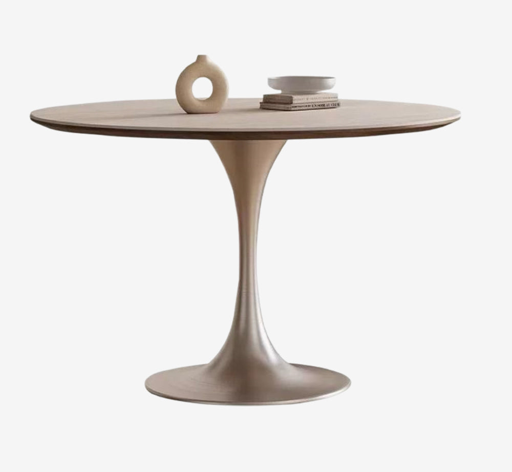 Mid-Century Modern Round Dining Table with Champagne Gold Tulip Base - Natural Wood Grain Pedestal Table - Minimalist Circular Kitchen Table for 2-4 People