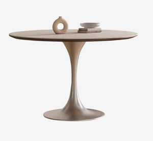 Mid-Century Modern Round Dining Table with Champagne Gold Tulip Base - Natural Wood Grain Pedestal Table - Minimalist Circular Kitchen Table for 2-4 People