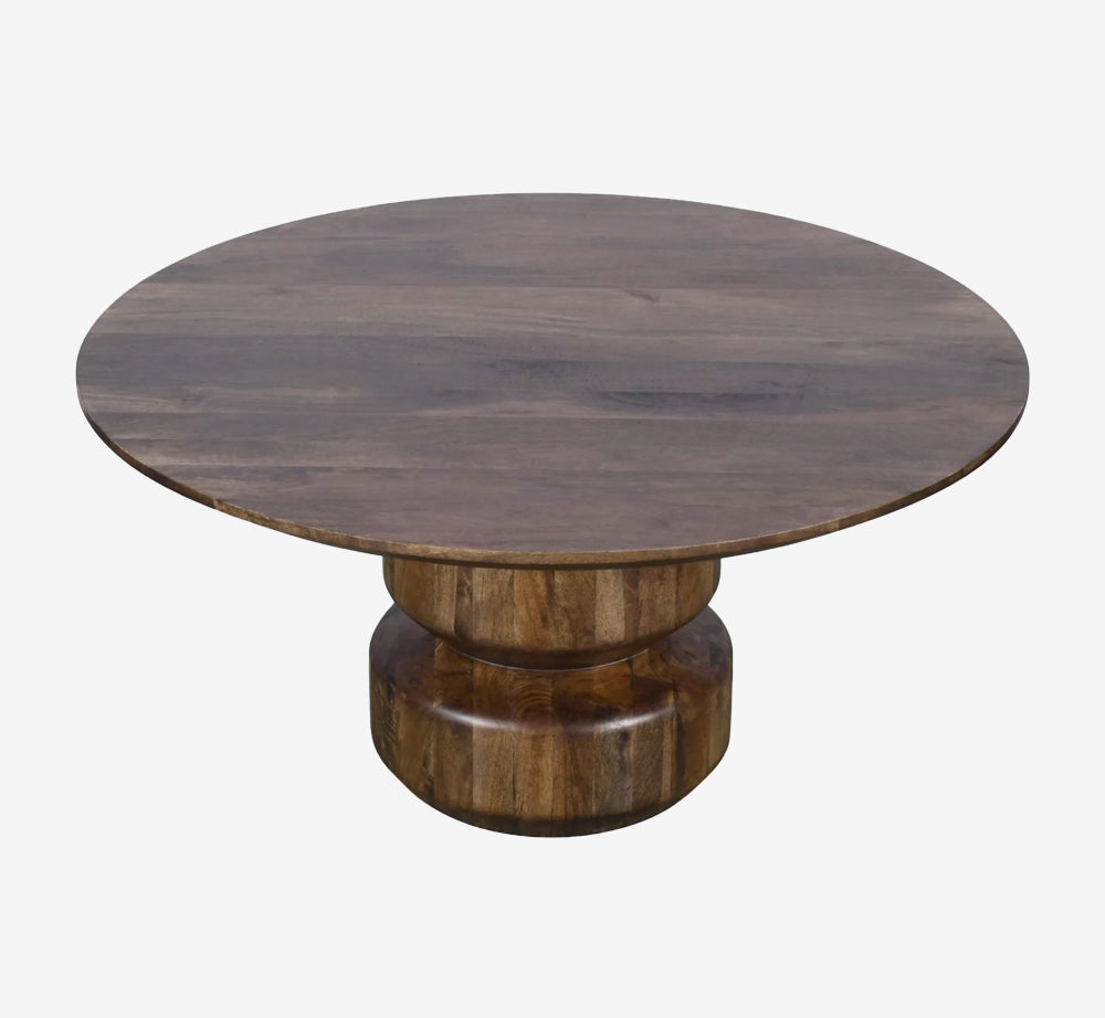 Modern Round Solid Wood Coffee Table with Sculptural Pedestal Base