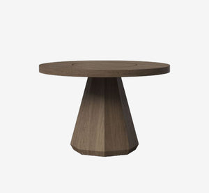 Modern Round Dining Table with Geometric Pedestal Base - Dark Walnut Wood Finish, Architectural Centerpiece Table