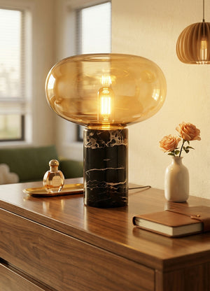 Modern Black Marble & Amber Bubble Glass Table Lamp - Compact Accent Light for Compact Living and Compressed Bed Spaces