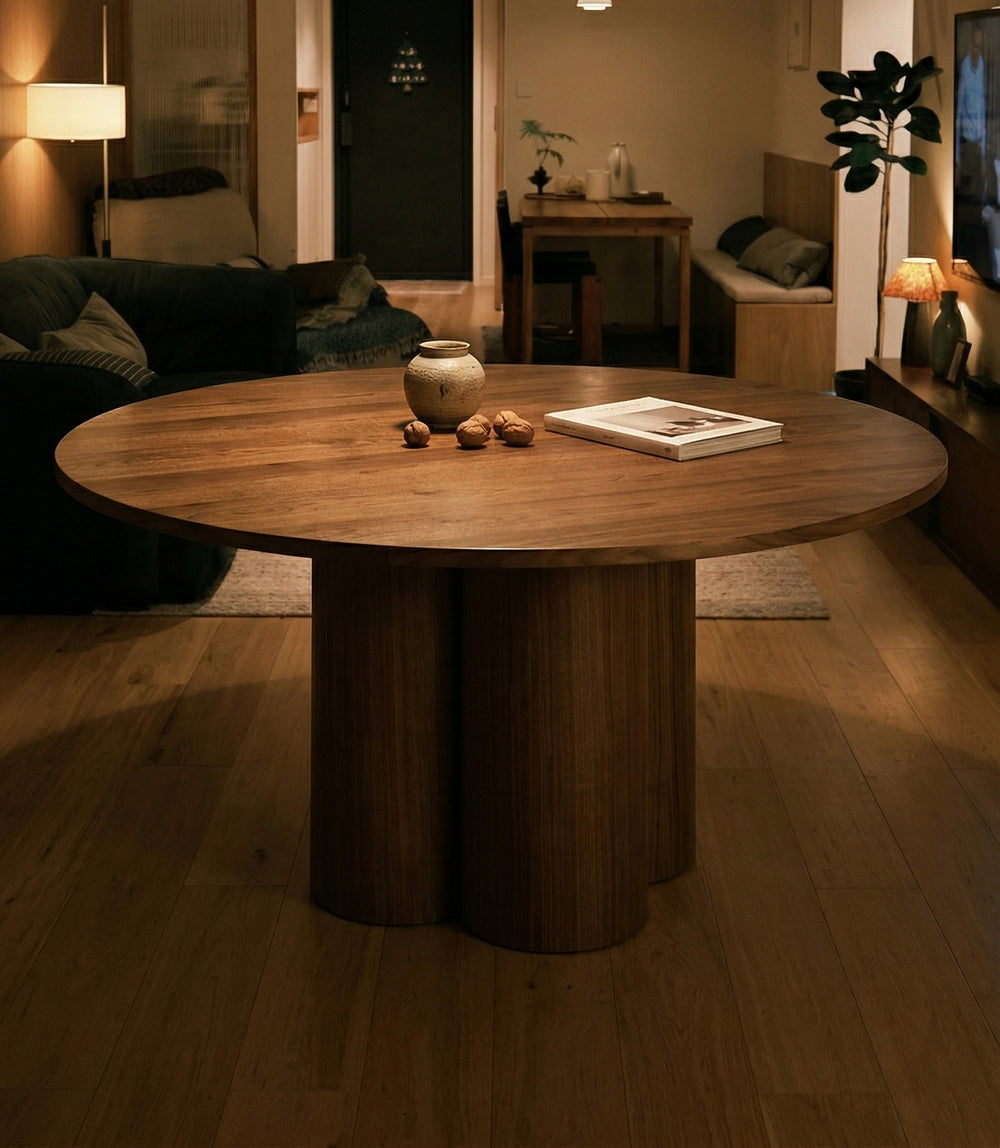 Circular Wood Dining Table with Scalloped Pillar Base