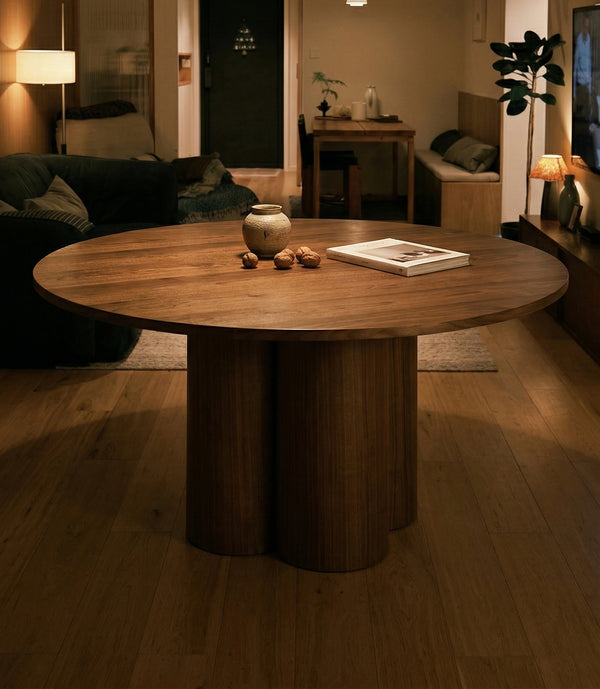 Circular Wood Dining Table with Scalloped Pillar Base