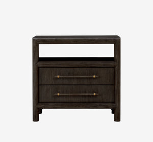 Modern Charcoal Nightstand with Open Shelf – Dark Espresso 2-Drawer Bedside Table – Minimalist Wood End Table with Bronze Handles