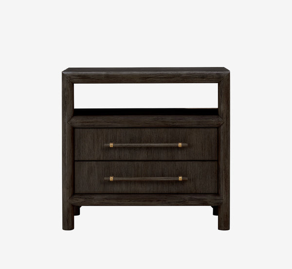 Modern Charcoal Nightstand with Open Shelf – Dark Espresso 2-Drawer Bedside Table – Minimalist Wood End Table with Bronze Handles