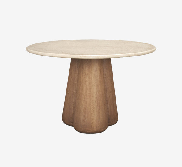 Marilyn 48" Round Pedestal Dining Table | Botticino Marble & Light Brown Wood | Seats 4