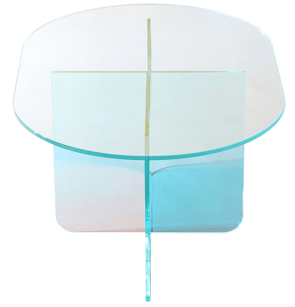 Iridescent Acrylic Coffee Table - Modern Oval Rainbow Glass Center Table with Cross Base for Living Room