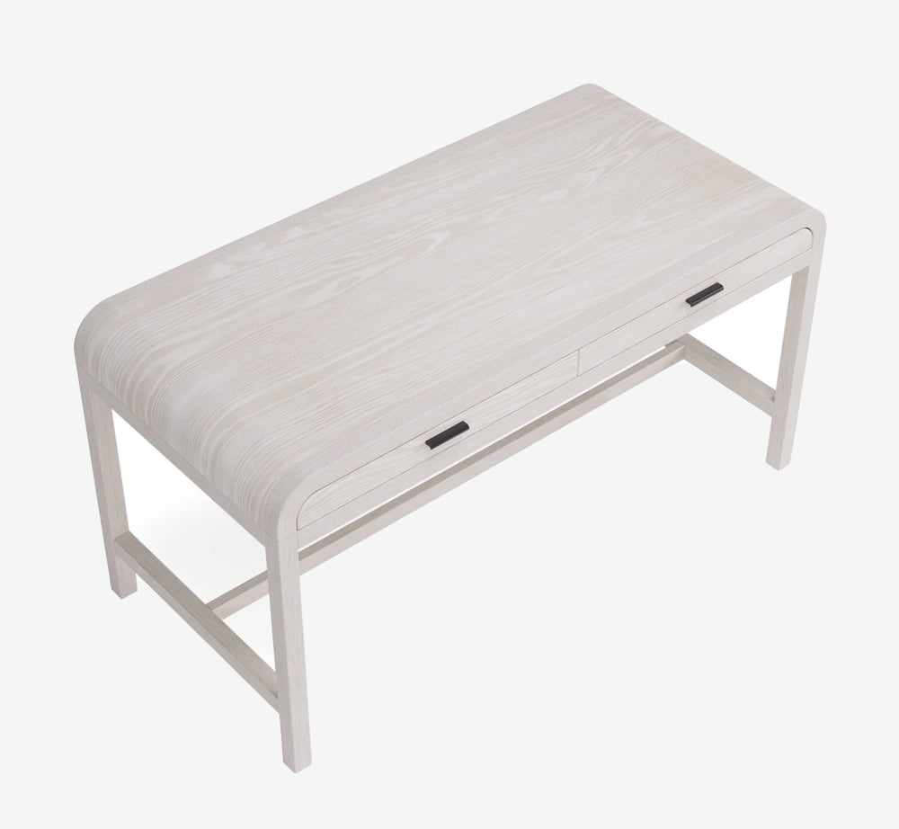 Modern Whitewashed Oak Writing Desk with Rounded Edges and 2 Drawers