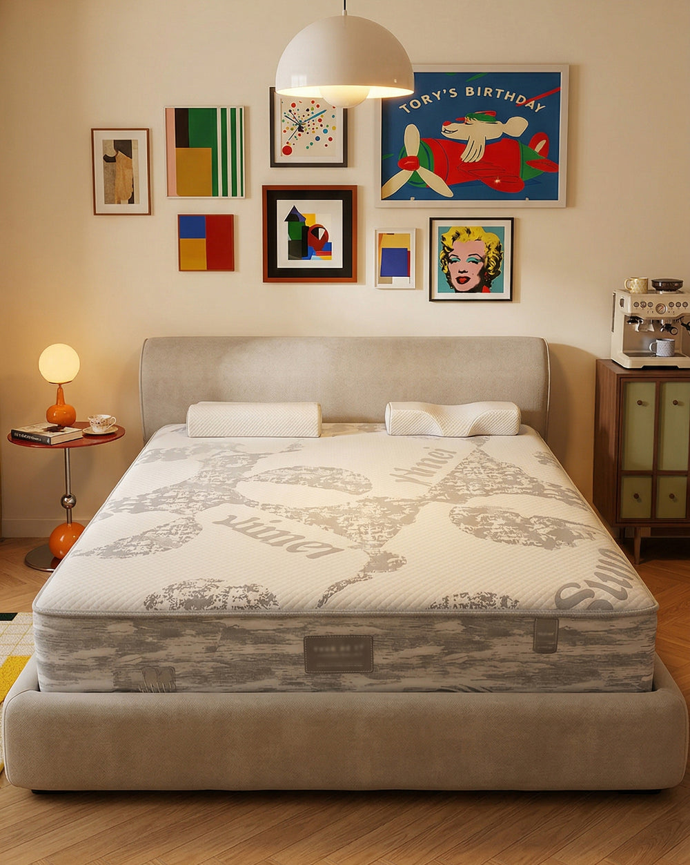 Vincei Pleated Velvet Upholstered Platform Bed with Compressible Memory Foam Mattress