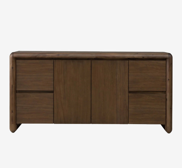 Mid-Century Modern Solid Wood Sideboard - Curved Edge Credenza with 4 Drawers & 2 Doors Media Console