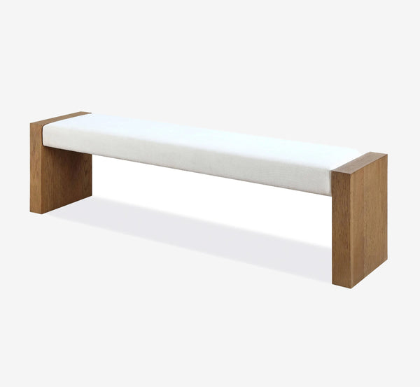 Modern Upholstered Entryway Bench with Solid Wood Slab Legs, Minimalist White Linen Bed End Bench for Bedroom & Hallway