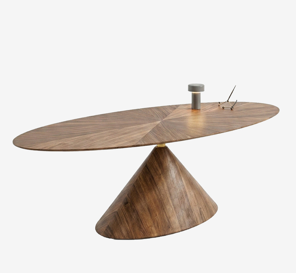 Sculptural Oval Walnut Coffee Table with Sunburst Veneer and Conical Base