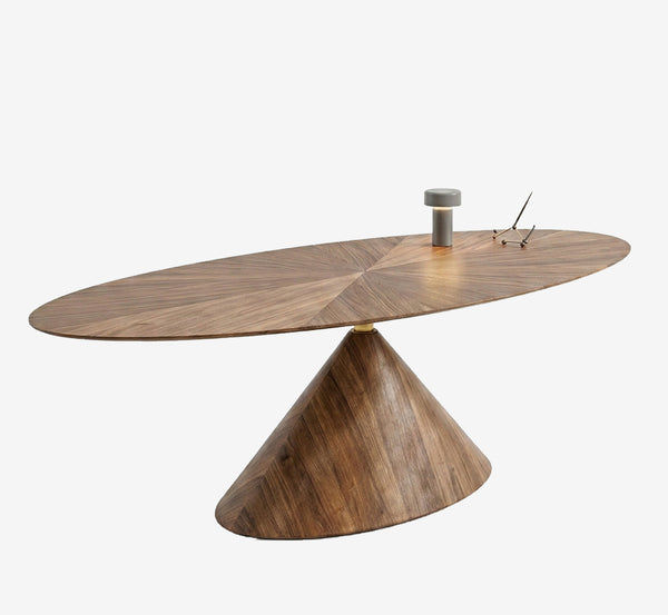Sculptural Oval Walnut Coffee Table with Sunburst Veneer and Conical Base