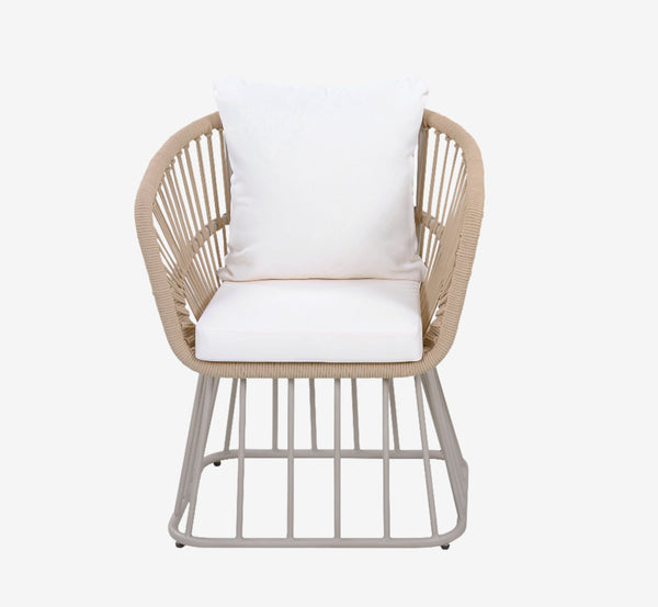 Outdoor Dining Chair  - Teak Finish Wicker & Beige Steel Frame, 300LBS Weight Capacity, Includes Cushion