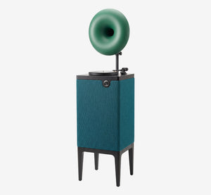 Retro-Futuristic Vinyl Record Player Cabinet with Torus Horn Speaker - Artistic Mid-Century Modern Turntable Console