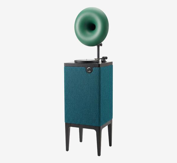 Retro-Futuristic Vinyl Record Player Cabinet with Torus Horn Speaker - Artistic Mid-Century Modern Turntable Console