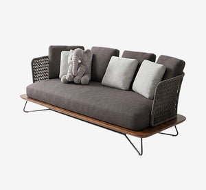Modern Woven Rope & Wood Platform Sofa - Minimalist 3-Seater Daybed - Organic Modern Indoor/Outdoor Couch with Slim Metal Legs - Charcoal & Teak Tones