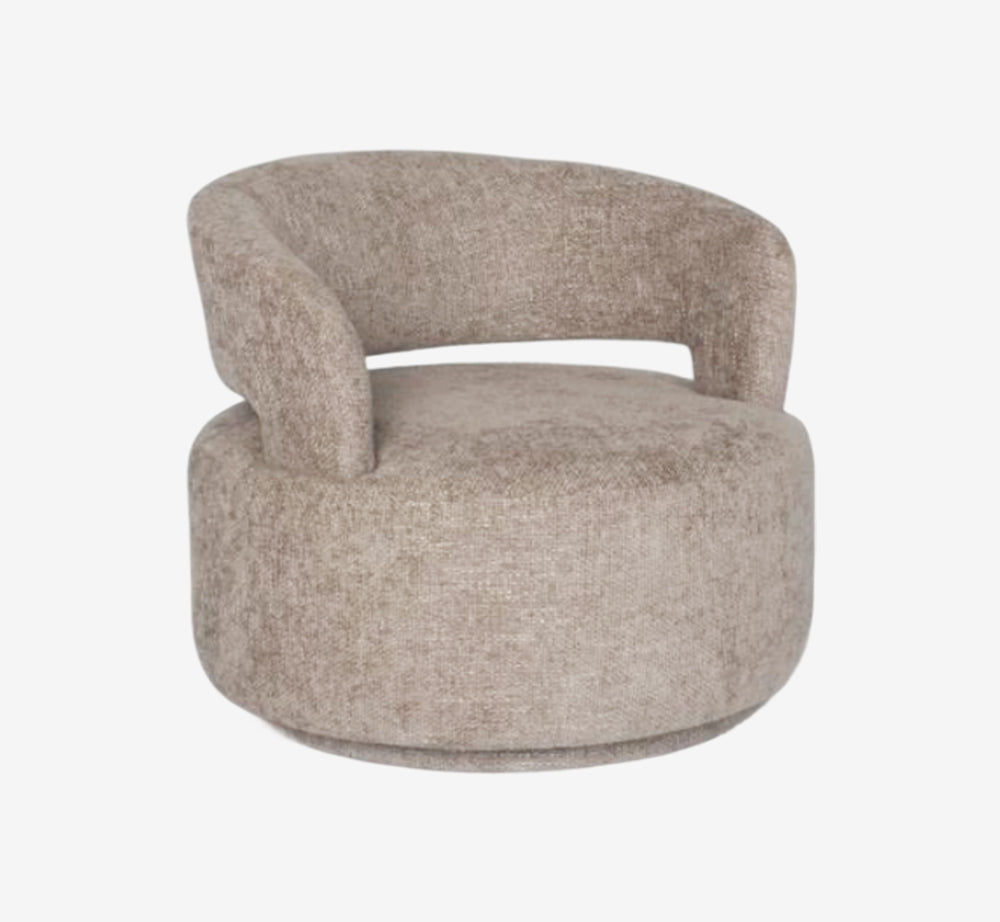 Modern Round Swivel Barrel Chair - Textured Woven Accent Chair with Cut-Out Back in Taupe