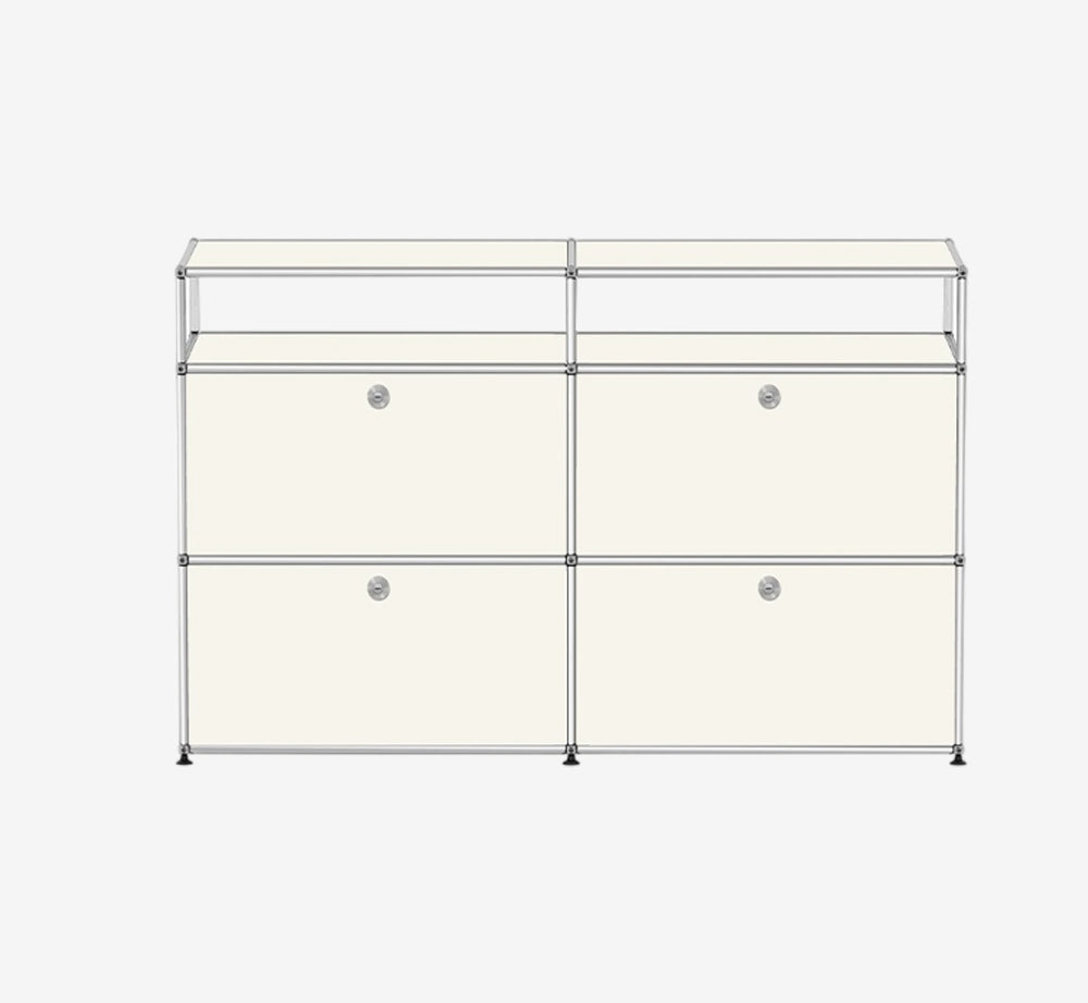 Modern Modular Sideboard Cabinet – Chrome Frame Storage Unit with 4 Drop-Down Doors – Industrial Chic Media Console
