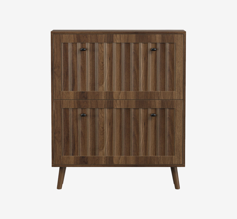 Medieval-style modern shoe cabinet, upright shoe storage unit with vertical grooved finish, 31.5-inch walnut-colored shoe cabinet, suitable for hallways, passageways and entrances.