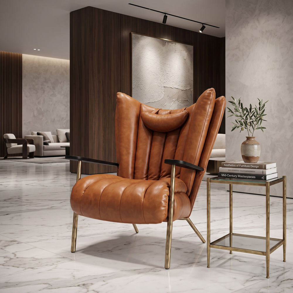Retro Channel-Tufted Leather Match Wingback Chair, Vintage Reading Chair with Hammered Brass Legs