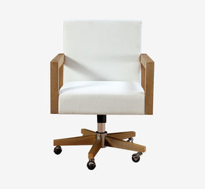 Ergonomic White Twill Office Chair - Solid Rubberwood Frame Swivel Desk Chair in Bisque Finish