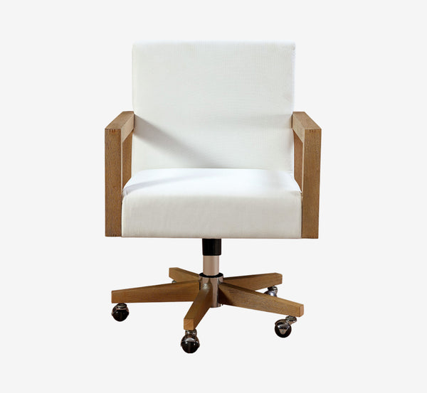Ergonomic White Twill Office Chair - Solid Rubberwood Frame Swivel Desk Chair in Bisque Finish