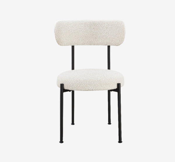 Boucle Upholstered Metal Leg Dining Chair in Ivory and Black