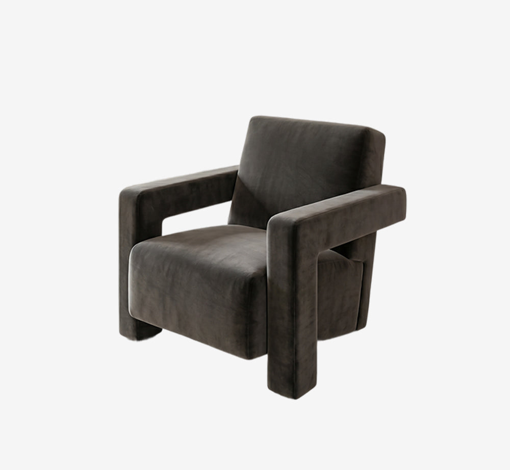 Modern Architectural Velvet Lounge Chair - Chunky Minimalist Accent Chair with Bold Geometric Frame - Charcoal Grey Brutalist Armchair for Living Room & Office