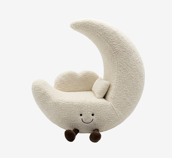 Whimsical Crescent Moon Accent Chair – Fluffy Sherpa Kids Reading Sofa – Kawaii Smiley Moon Lounge Seating for Nursery